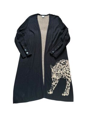 Chicos Long Black Open Front Sweater Duster Cardigan Leopard Motif Womens Large